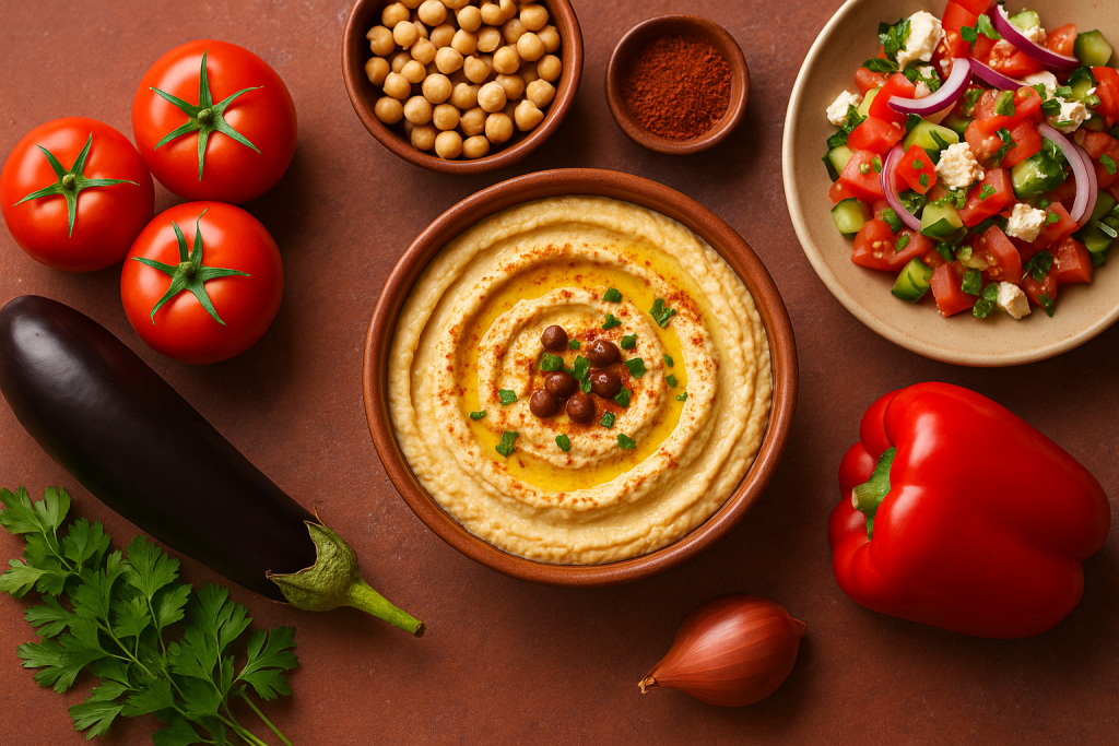 Assiette de houmous garnie d’huile d’olive et de pois chiches, entourée de légumes frais comme tomates, aubergine, poivron rouge, oignon, persil, ainsi qu’une salade méditerranéenne et des épices.