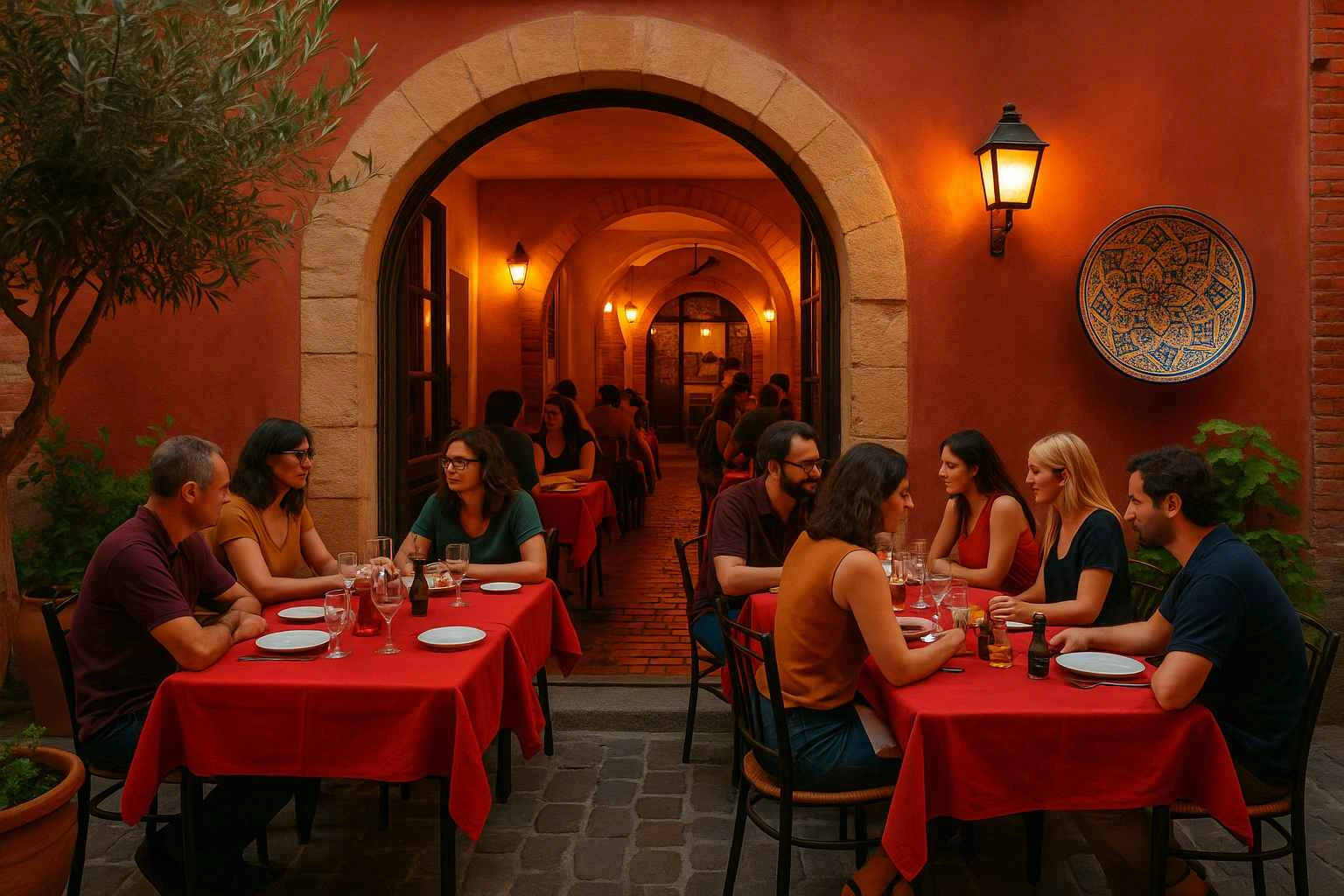 Dîner convivial en terrasse d’un restaurant méditerranéen, avec plusieurs groupes de personnes partageant un repas à la lumière chaude des lanternes, dans une cour aux murs rouges et pierres apparentes.