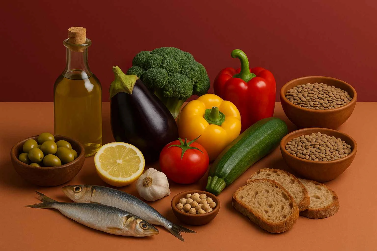 Sélection d’ingrédients typiques du régime méditerranéen : légumes frais (brocoli, poivrons, courgette, aubergine, tomate), lentilles, pois chiches, sardines, pain complet, huile d’olive, citron, ail et olives vertes.