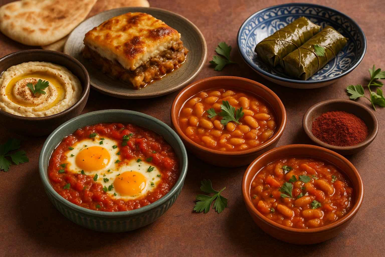 Assortiment de plats méditerranéens traditionnels comprenant shakshuka, houmous, moussaka, haricots à la tomate, dolmas (feuilles de vigne farcies), pain pita et épices.