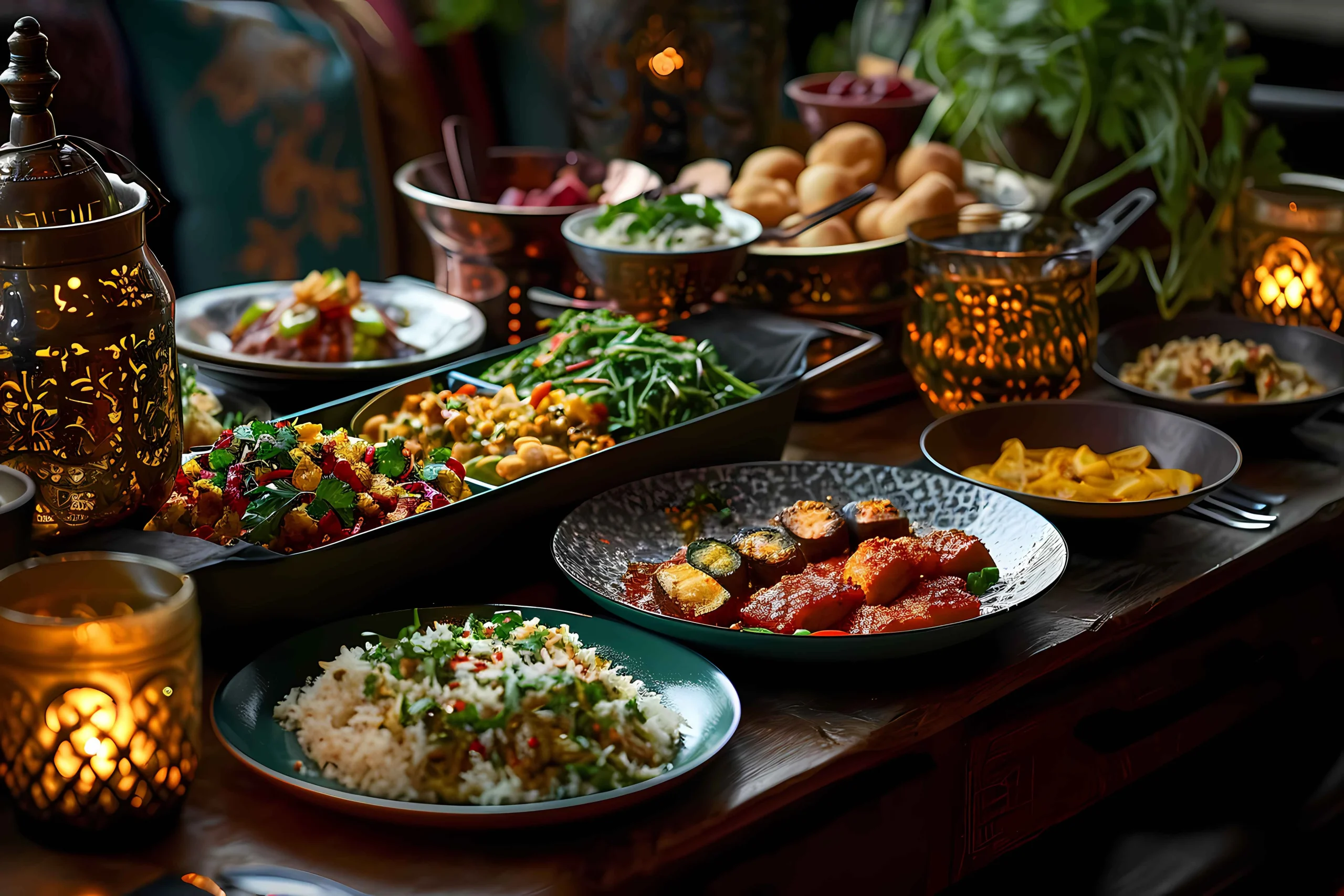 Gros plan sur un repas traditionnel du Ramadan, composé de dattes, de pain, de pâtisseries orientales, et d’un verre de thé à la menthe, le tout présenté sur une table décorée.